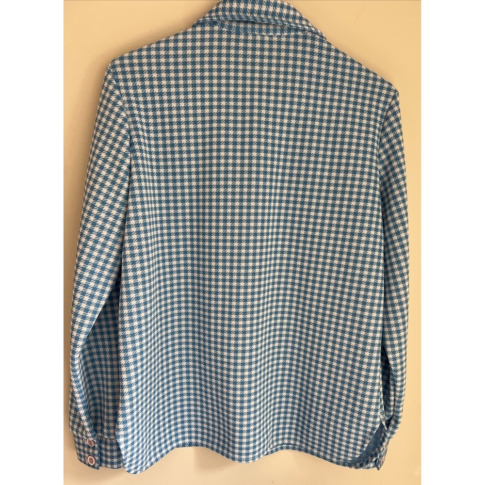 Vintage 70s Houndstooth Knit Shirt Blue Disco Wing Collar Womens M/L - Picture 5 of 10